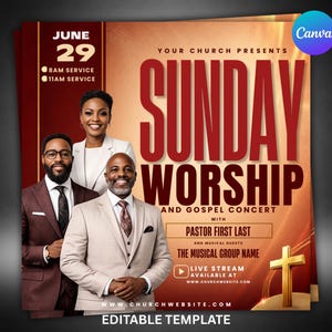 May include: A digital flyer template for a Sunday Worship and Gospel Concert on June 29. It features three people in formal business attire, a gold cross, and text including "Your Church Presents," "Sunday Worship," and "Live Stream Available."