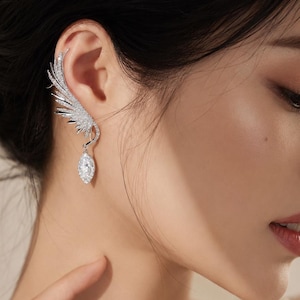 Ear Climber & Ear Cuff Silber 925 | Engel Flügel Brautohrringe| Flügel Ohrklemme Luxus Ohrkletter |Statement Hochzeit Ohrmanschette Zirkonia