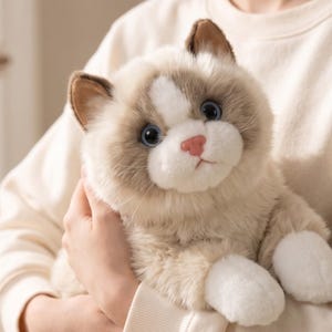 May include: A plush cat toy with soft, cream-colored fur, a white face patch, and dark brown ears. The stuffed animal features large, round blue eyes, a small pink nose, and white paws. The texture of the fur is fluffy and dense throughout.