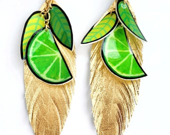 Lime Earrings-Fruit Earrings-Gold Boho Feather Earrings-Colorful Jewelry-Friend Gift-Statement Earrings-Tropical Earrings-Trendy Earrings