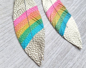 Rainbow Earrings, Metallic Gold Feather, Kawaii Jewelry, Hand Painted Statement Earrings, Handmade Large Earrings, Boho 70s, Maximalist Gift