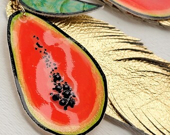 Papaya Fruit Earrings-Long Earrings-Gold Boho Feather Earrings-Colorful Jewelry-Big Earrings-Cute Earrings-Tropical Earrings-Trendy Earrings