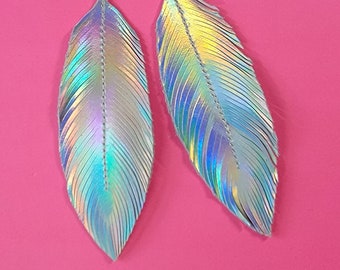 Silver Earrings, Boho Feather Earrings, Feather Earrings, Bohemian, Party Jewelry, Holographic, NYE, Boho, Big Earrings, 80s, 70s, Disco