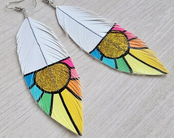Sunset Feather Earrings, Sun Jewelry, Hand Painted Statement Earrings, Large Feather Earring, Boho Beachy, Geometric Earrings, Rainbow Art
