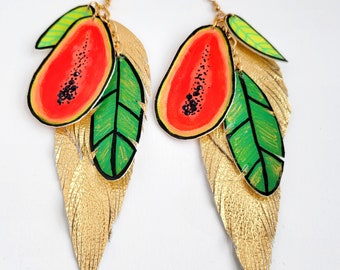 Papaya Fruit Earrings - Boho Feather Earrings - Statement Earrings - Beach Vacation Gift - Tropical Earrings - Bold Earrings - Summer Vibes