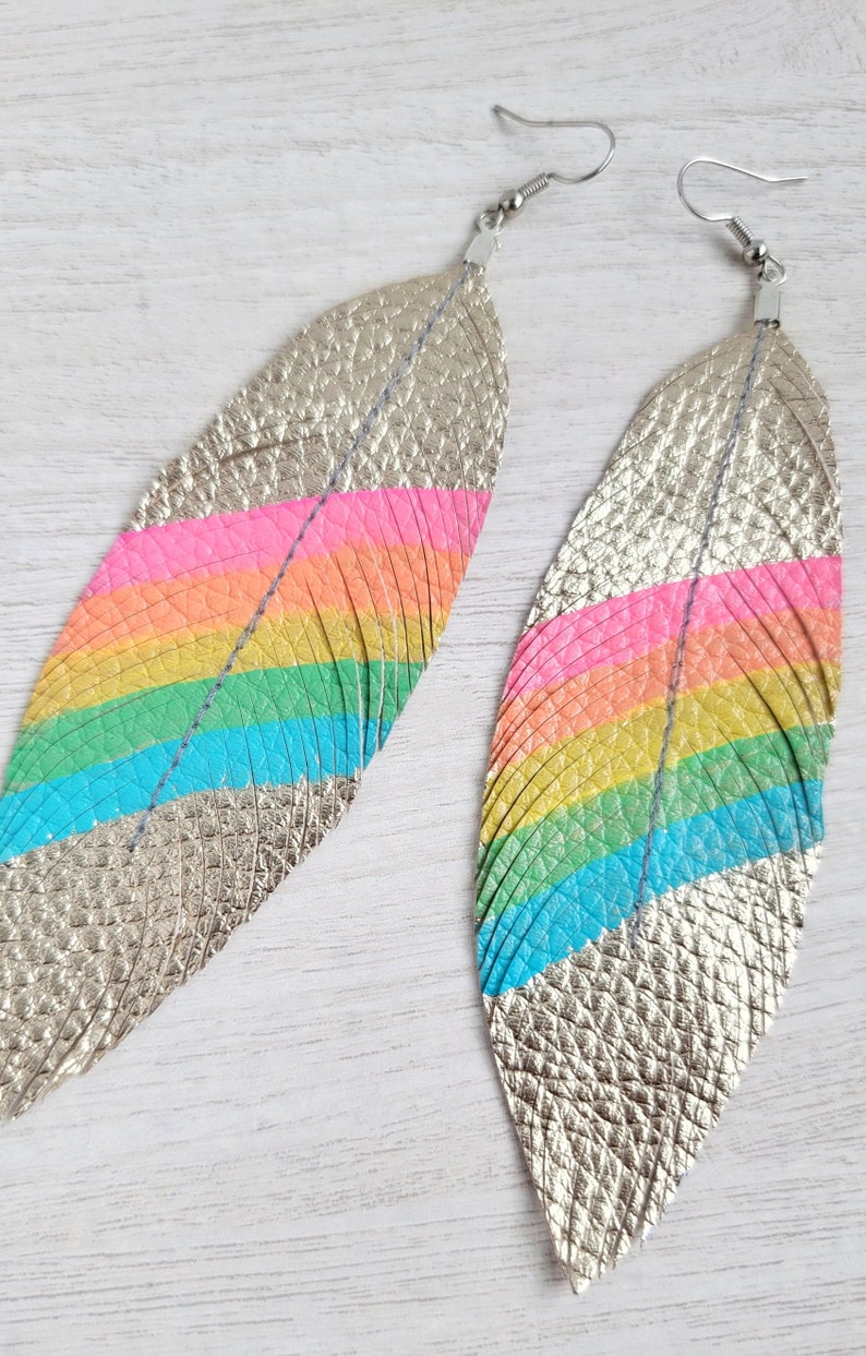 Rainbow Earrings, Metallic Gold Feather, Kawaii Jewelry, Hand Painted Statement Earrings, Handmade Large Earrings, Boho 70s, Maximalist Gift image 2