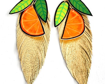 Orange Earrings-Big Earrings-Unique Jewelry-Feather Earrings-Summer Earrings-Statement Earrings-Tropical Earrings-Boho Earrings-Fun Earrings