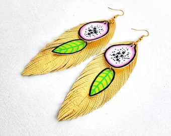 Dragonfruit Earrings-Fruit Earrings-Gold Boho Feather Earrings-Colorful Jewelry-Friend Gift-Cute Earrings-Tropical Earrings-Trendy Earrings