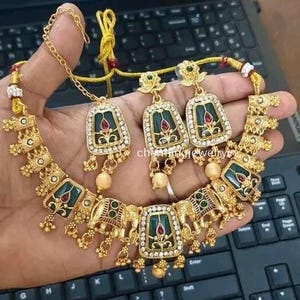 Kundan Polki Choker Necklace Set with Earrings, Indian Bridal Jewelry, Gold-Plated Traditional Wedding Jewelry