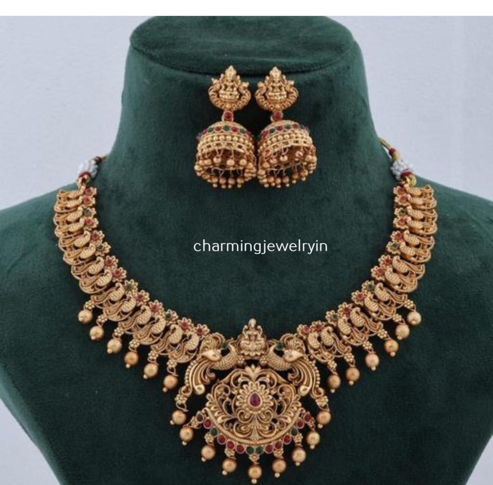 Gold Plated South Indian Jewelry Set: Necklace & Earrings