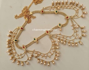 Kamarbandh - Kundan Pearl Kamarpatta: cadena de cintura-Polki Belly chain