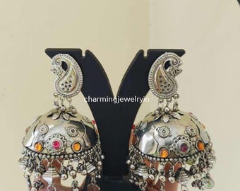 Pendientes Jhumka de plata oxidada, joyería india, pendientes pakistaníes, pendientes bohemios, pendientes indios oxidados, pendientes étnicos afganos