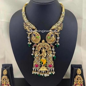 Collar con pendientes y collar Tyani Kundan Haar chapado en oro del Señor Krishna – Joyería nupcial del sur de la India, collar de templo del sur de la India
