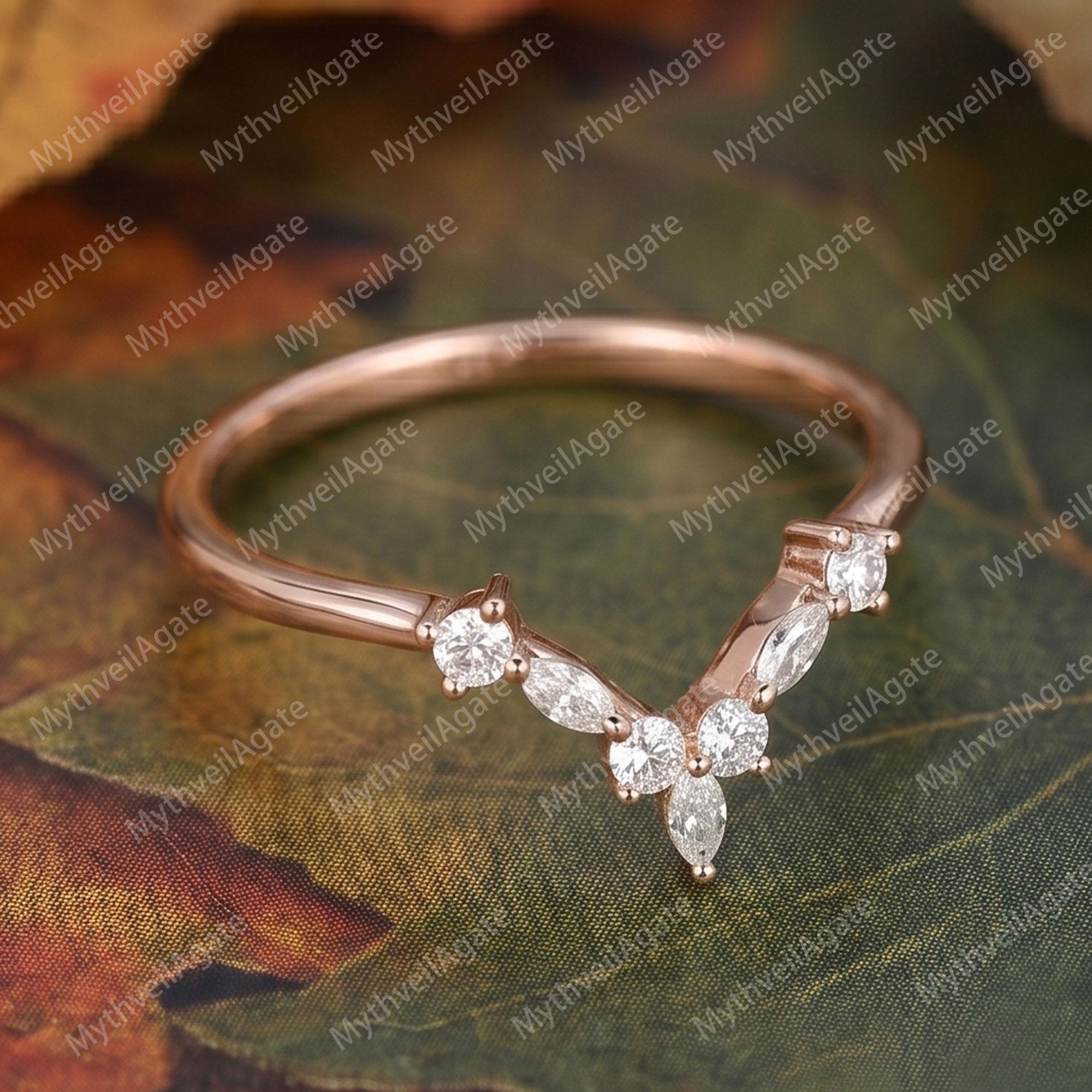 Marquise Cut Moissanite Wedding Band Curved Vintage Rose Gold Diamond ...