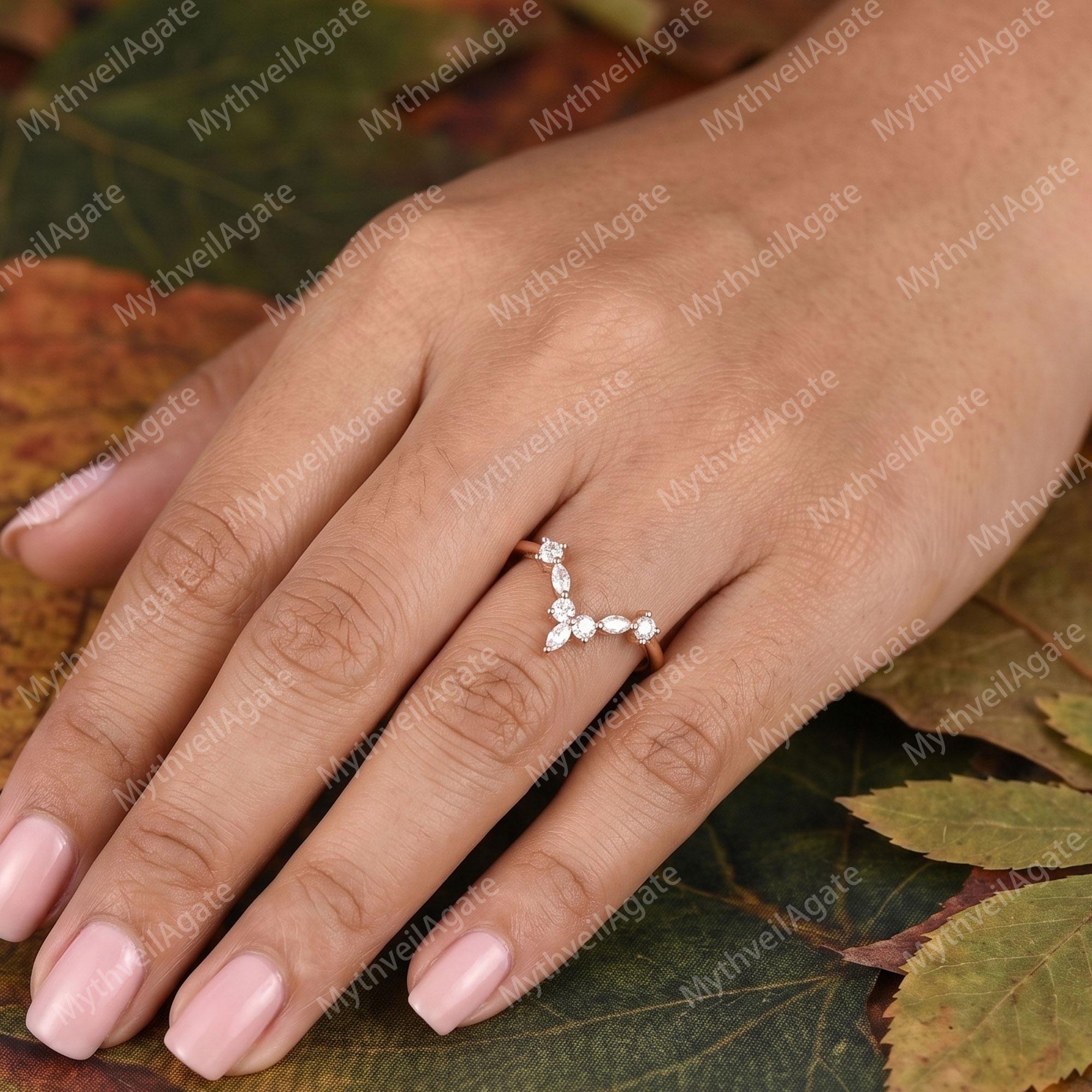 Marquise Cut Moissanite Wedding Band Curved Vintage Rose Gold Diamond ...