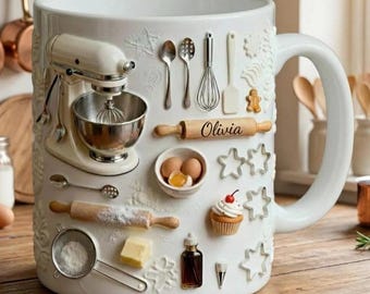 Love Baking Custom Name Mug, Personalized Cup, 11oz 15oz Bakery Faux 3D Coffee Mugs