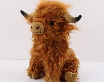 Highland Cow Plush family, Custom Shaggy Stuffed Animal, Fluffy Scottish Coo Toy, Brown White Blue Black Set, Kawaii Farm Nursery Decor Gift