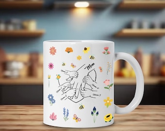 Personalized Mom Mug with Kids' Names, Custom Mother's Day Gift, Hand-in-Hand Floral Coffee Cup,New Mom Birthday Present,Motherhood Keepsake