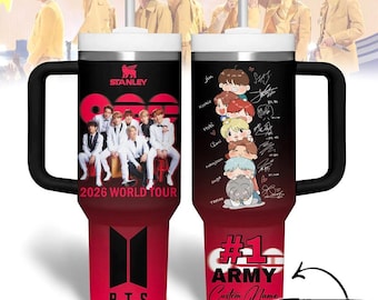 BTS World Tour 2026 Stanley Quencher Tumbler 40oz, Custom Name Kpop Army Gift, BTS Merch Cup with Straw and Handle, Personalized BTS Mug