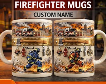 Custom Firefighter Mug Personalized Fireman Gift Fire Department Coffee Cup Print 3D Look Fire Truck Mug Thin Red Line Gift for Him Fire