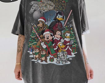 Disney Star Wars Christmas Shirt, Mickey Jedi Minnie Santa Xmas Tee, Two Sided Death Star Falcon Back Print, Family Park Gift