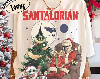 Vintage Star Wars Christmas Shirt, Santalorian Comfort Colors Tee, Mandalorian and Yoda Christmas Sweatshirt, Funny Holiday Star Wars Tee