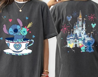 レトロな両面プリントのスティッチとスクランプのティーカップTシャツ、ディズニーキャッスルTシャツ、マジックキングダム、ウォルトディズニーワールド、ディズニーランド家族旅行お揃い2026
