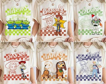 Camiseta retro de Disney Pixar Toy Story con todos los personajes, Woody, Buzz, Jessie, Bo Peep, camiseta personalizada a juego para grupos.