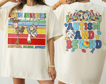 トイ・ストーリー自閉症啓発Tシャツ、自閉症を超えてキッズTシャツ、バズ＆ウッディ自閉症Tシャツ、インクルージョンTシャツ、違っていても大丈夫Tシャツ