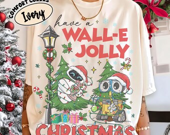 Retro Disney Pixar Wall-E and Eve Have A Jolly Christmas Shirt, Disney Wall-E Xmas Tree Tee, Disneyland Christmas Couple Matching Shirt