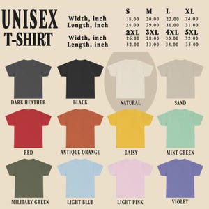 Może przedstawiać: R&oacute;żne koszulki unisex w kolorach takich jak ciemnoszary, czarny, czerwony, antyczny pomarańczowy, ż&oacute;łty, miętowy, wojskowy zielony, jasnoniebieski, jasnor&oacute;żowy i fioletowy. Rozmiary od S do 5XL, z wymiarami w calach.