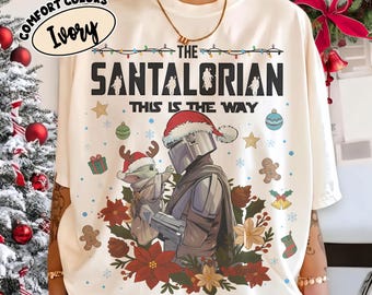 Vintage The Santalorian Christmas Shirt, Retro Star Wars Holiday Tee, Mandalorian and Grogu Xmas Sweatshirt, Matching Family Vacation Tee