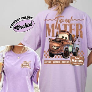 Comfort Colors Tow Mater Towing & Salvage Welcome Radiator Springs 2 Sided Shirt, Disney Cars Checkered Washed Tee, Disneyland Girl Trip image 3