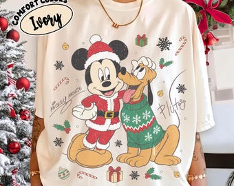 Vintage Mickey and Pluto Christmas Comfort Colors Shirt, Retro Winter Disney Sweatshirt, Family Matching Holiday Vacation Gift 2026 Tee
