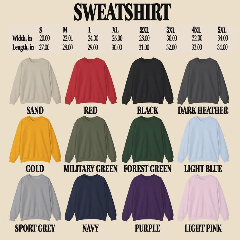 Może przedstawiać: R&oacute;żne bluzy z okrągłym dekoltem w wielu kolorach, w tym piaskowym, czerwonym, czarnym i ciemnoszarym. Rozmiary od S do 5XL, o szerokości od 50.8 cm do 86.36 cm i długości od 68.58 cm do 86.36 cm. U g&oacute;ry napis "SWEATSHIRT".
