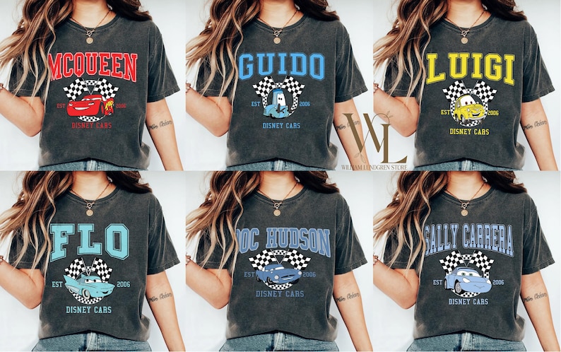 May include: Dark gray t-shirts featuring various characters from the Disney Cars movie. Each shirt displays a character's name in a collegiate font, along with a corresponding car graphic, checkered flags, and the text "Disney Cars".