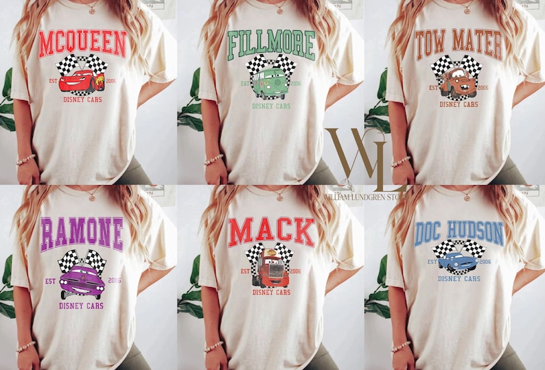 May include: Cream-colored t-shirts featuring various Disney Cars characters: McQueen, Fillmore, Tow Mater, Ramone, Mack, and Doc Hudson. Each shirt displays the character's name, a checkered flag, and the text "Disney Cars".