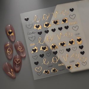3D Gold Love Heart Nail Stickers: Metallic Cursive Script Decals (US Stock)