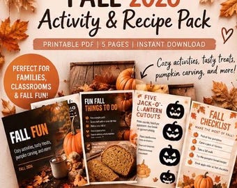 Paquete de actividades y recetas de otoño de 2026: tallado de calabazas, pan, lista de verificación (descarga digital)