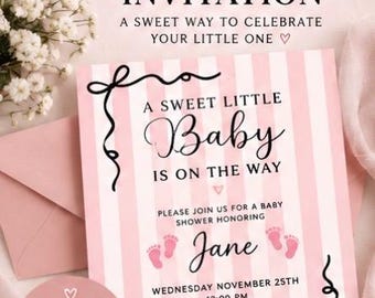 Plantilla de invitación para baby shower con rayas rosas, huellas de bebé niña y detalles de lazos (descarga digital)