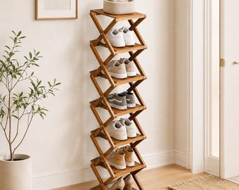 Bamboo Shoe Rack, 7 Tier Foldable Shoe Organizer, Tall Narrow Storage Shelf for Entryway, Bedroom, Closet and Small Spaces