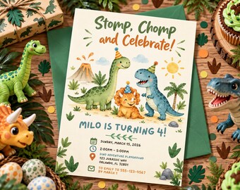 Dinosaur Birthday Invitation , Editable T Rex Dino World Party Invite, Minimal Design Canva Template
