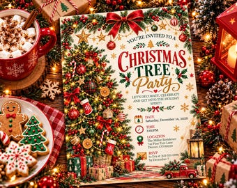 Christmas Tree Family Party Invitation, Holiday Party Invite, Merry Little Xmas Digital Christmas Invitation