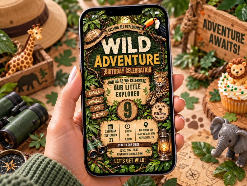 May include: A smartphone screen displaying a digital birthday invitation with a jungle theme. The text reads Wild Adventure Birthday Celebration, Join Us As We Celebrate Our Little Explorer, 9, and includes event details like date, time, and location.