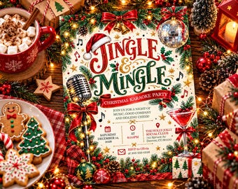 Jingle & Mingle Christmas Family Party Invitation, Holiday Party Invite, Karaoke Merry Little Xmas Digital Christmas Invitation