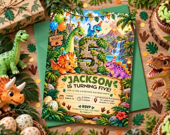 Dinosaur 5th Birthday Invitation , Editable T Rex Dino World Party Invite, Editable Canva Template