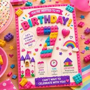 May include: A rectangular birthday invitation card featuring a colorful block-style number 7, a castle illustration, and text reading: You're invited to my birthday, Let's celebrate a super awesome day, Date 15 June 2026, Time 2:00pm to 5:00pm, Location Playhouse 123 Fun City Venue, Can't wait to celebrate with you!