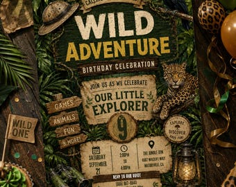 Può includere: Un invito di compleanno a tema giungla con un tucano, un leopardo, un binocolo e una lanterna. Il testo recita: Calling All Explorers! Wild Adventure Birthday Celebration, Join Us As We Celebrate Our Little Explorer, 9, Saturday September 21, 2:00pm to 4:00pm, The Jungle Den 4567 Wildlife Way Natureville, CA, RSVP to our guide (555) 987-6543 adventure@gmail.com Let's Get Wild!