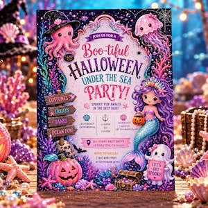 May include: A Halloween party invitation featuring a pink octopus in a witch hat, a purple-haired mermaid, and a ghost holding a sign that says Let's Get Spooky. The text reads Boo-tiful Halloween Under The Sea Party, with details for date, time, and location in Oceanview, CA.
