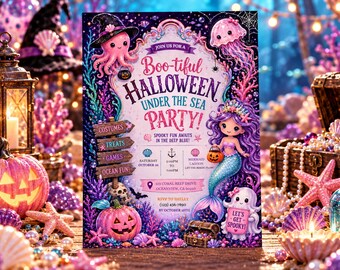 May include: A Halloween party invitation featuring a pink octopus in a witch hat, a purple-haired mermaid, and a ghost holding a sign that says Let's Get Spooky. The text reads Boo-tiful Halloween Under The Sea Party, with details for date, time, and location in Oceanview, CA.